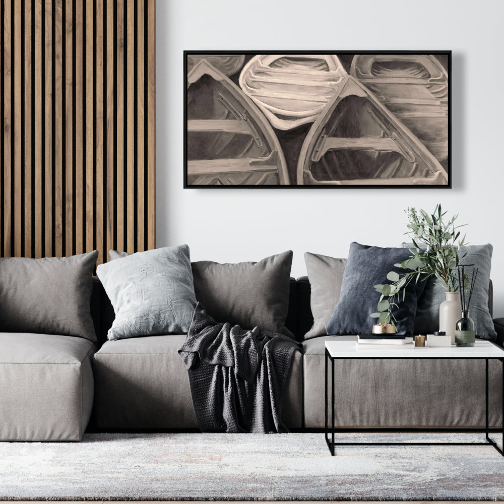 Sepia Canoes Bedroom Canvas | Brown Framed Boat Wall Art