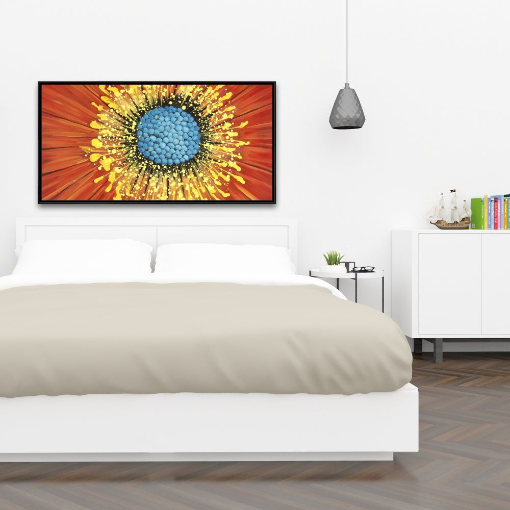 Blue Contemporary Botanical Canvas - Closeup on Red Flower Decor