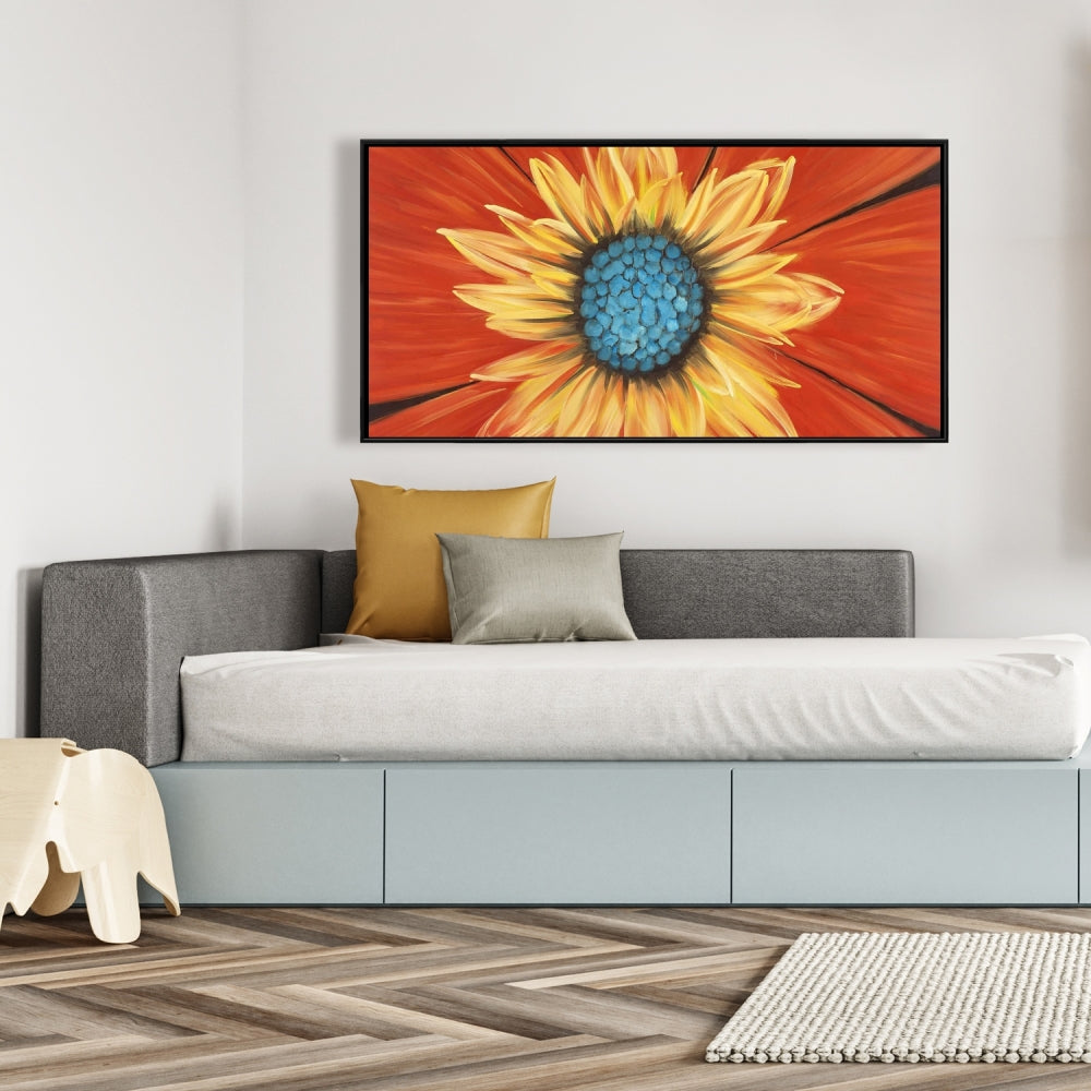 Flower Middle Blue Framed Canvas | Contemporary Bedroom Decor
