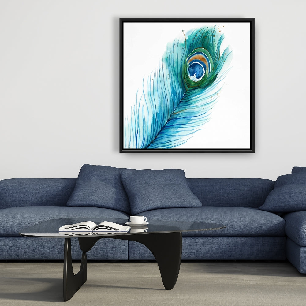 Longue plume de paon | Toile encadrée bleu oiseau, décoration d'intérieur