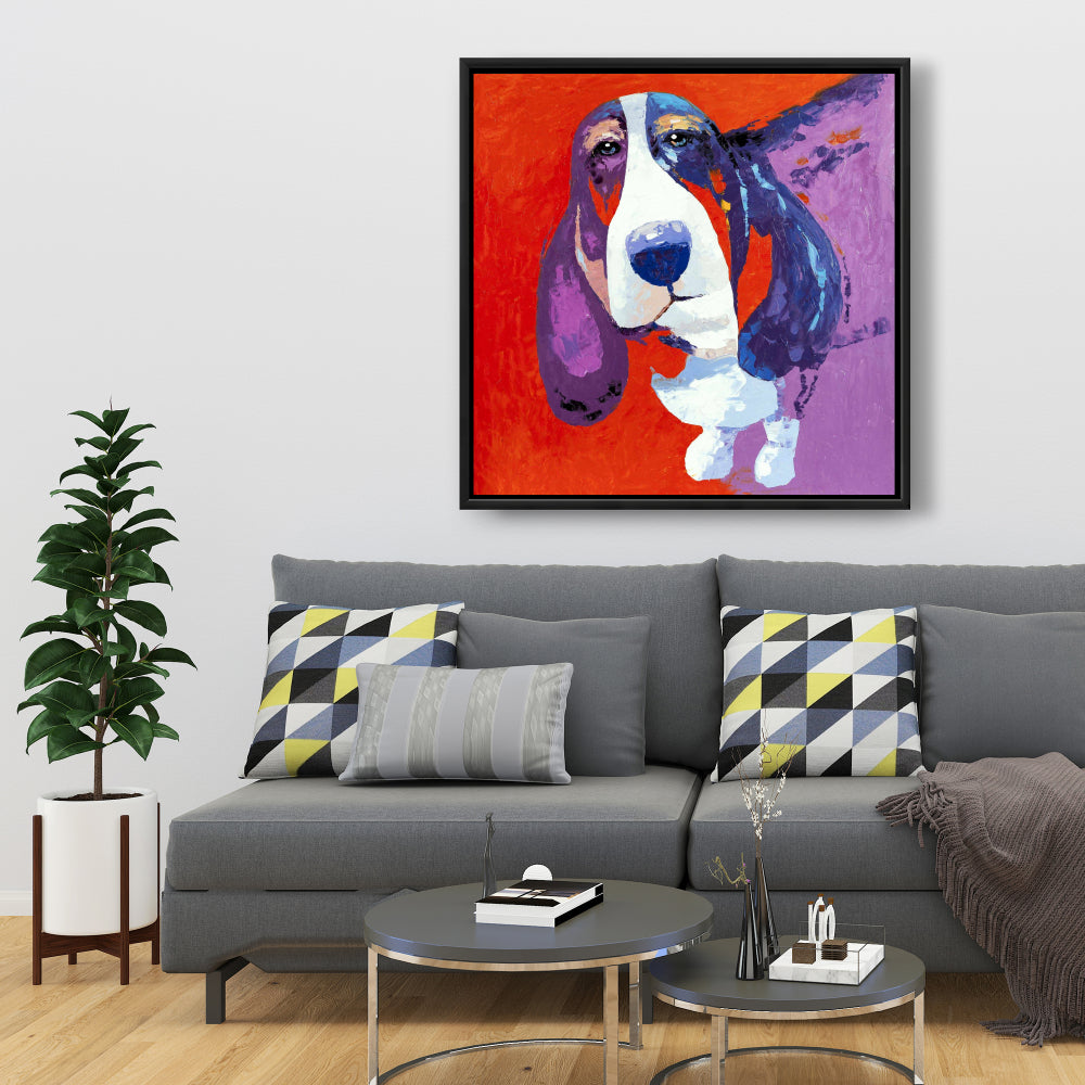 Toile encadrée abstraite et colorée représentant un Basset | Décoration d'intérieur