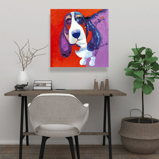 Toile abstraite colorée représentant un Basset | Décoration contemporaine pour animaux de compagnie