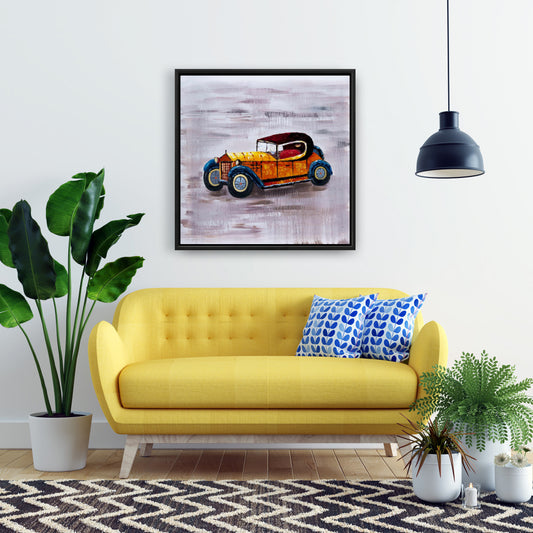 Toile « Voiture jouet jaune » | Décoration murale encadrée bleue