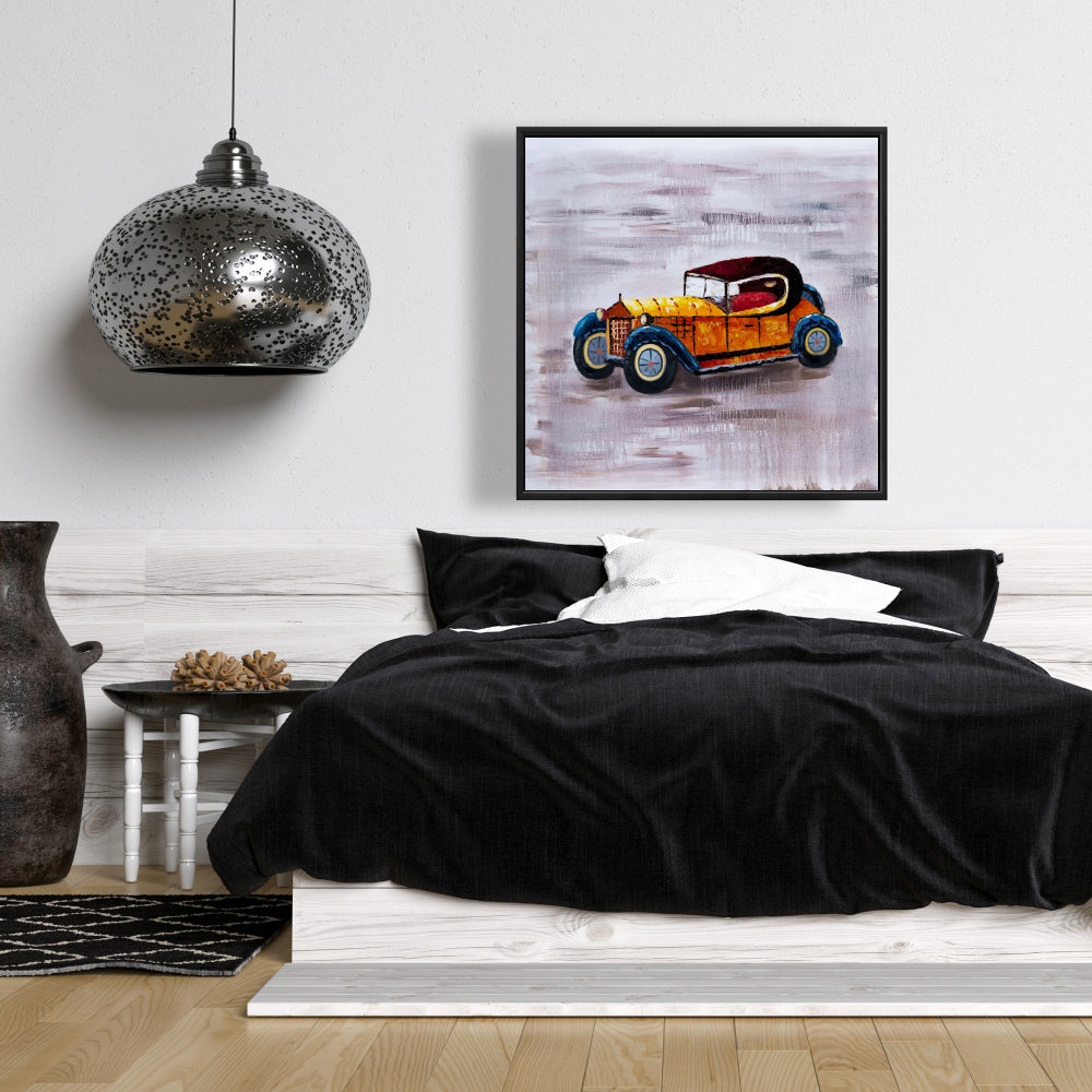 Toile « Voiture jouet jaune » | Décoration murale encadrée bleue