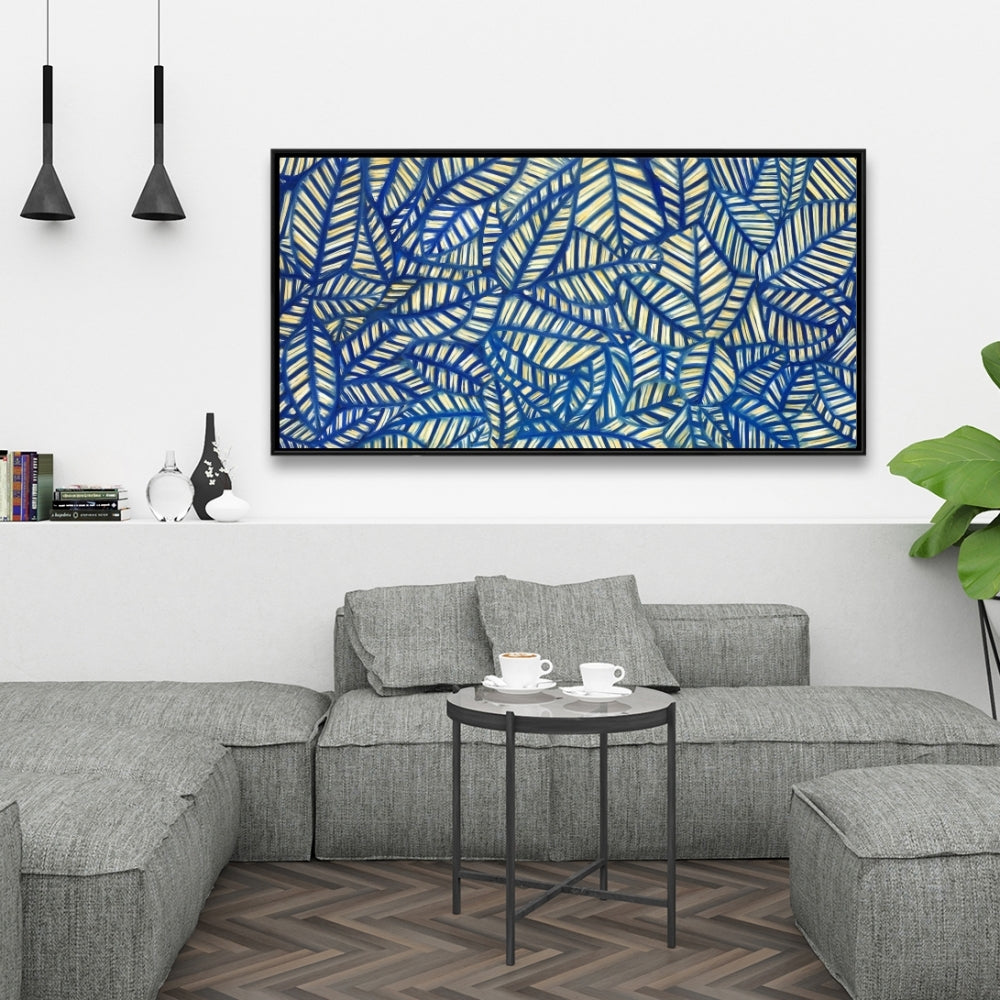 Leaf Pattern Canvas | Blue Framed Wall Art for Bedroom Decor