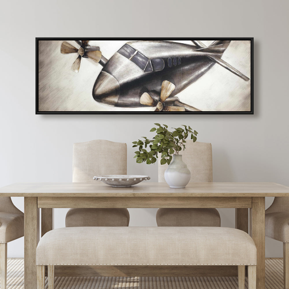 Toile « Avion en plein vol » | Cadre gris industriel