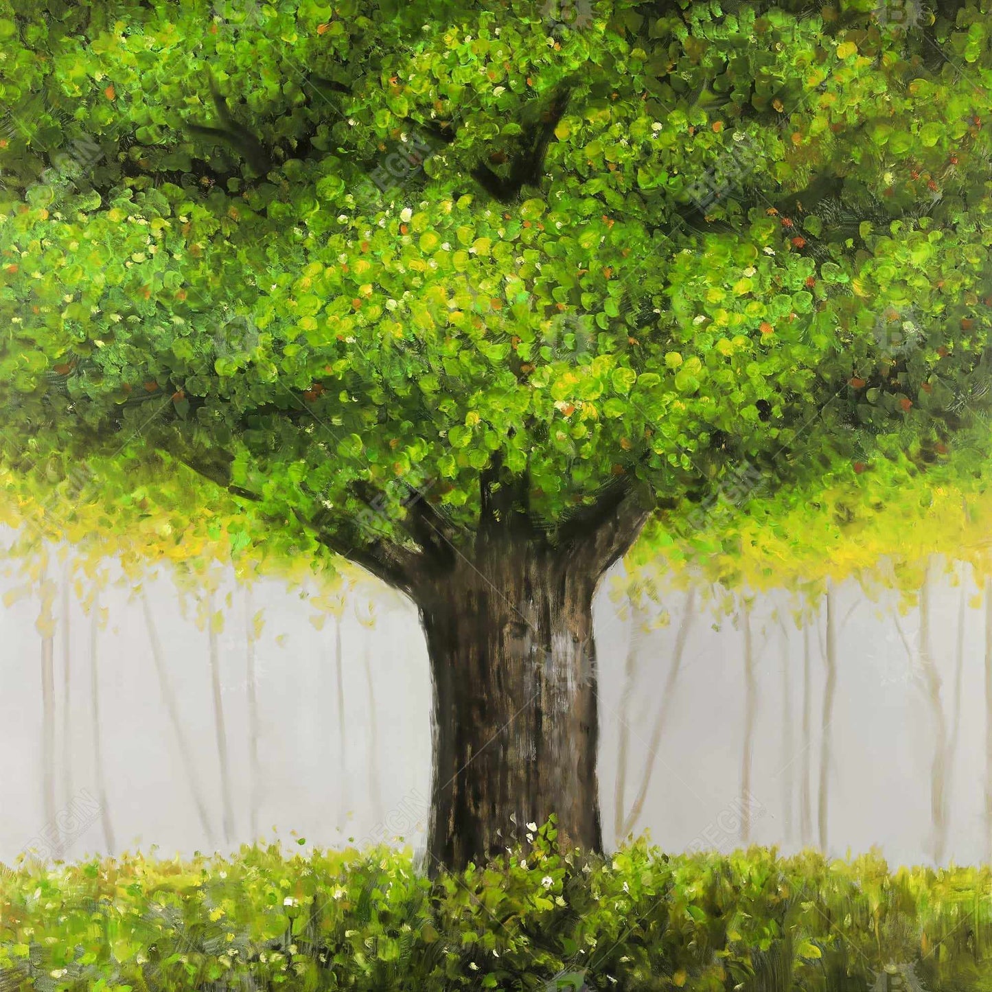 Contemporary Bedroom Canvas - Big Green Tree Brown Frame Decor