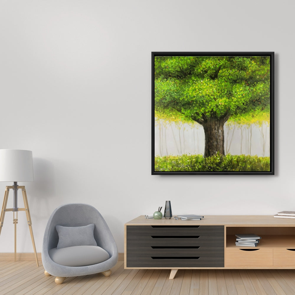 Contemporary Bedroom Canvas - Big Green Tree Brown Frame Decor