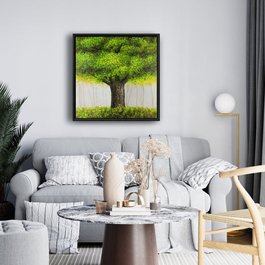 Toile de chambre contemporaine - Décor de grand arbre vert avec cadre marron