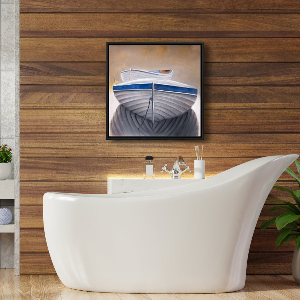 Coastal Blue Canvas - Two Canoe Boats Framed Art Decor