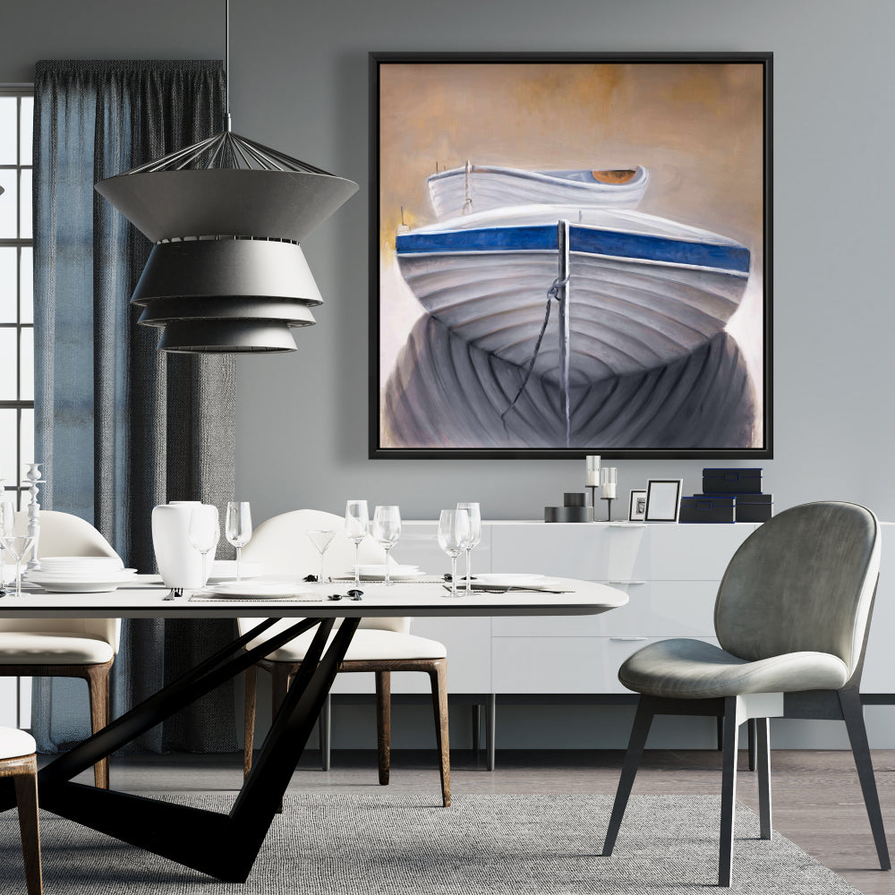 Coastal Blue Canvas - Two Canoe Boats Framed Art Decor
