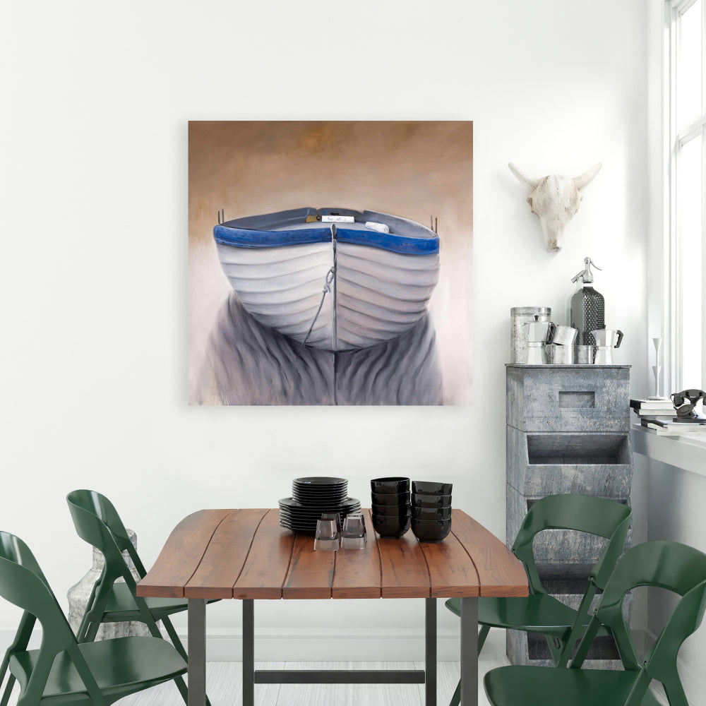 Canoe Boat Blue Coastal Canvas - Nautical Home Decor Art