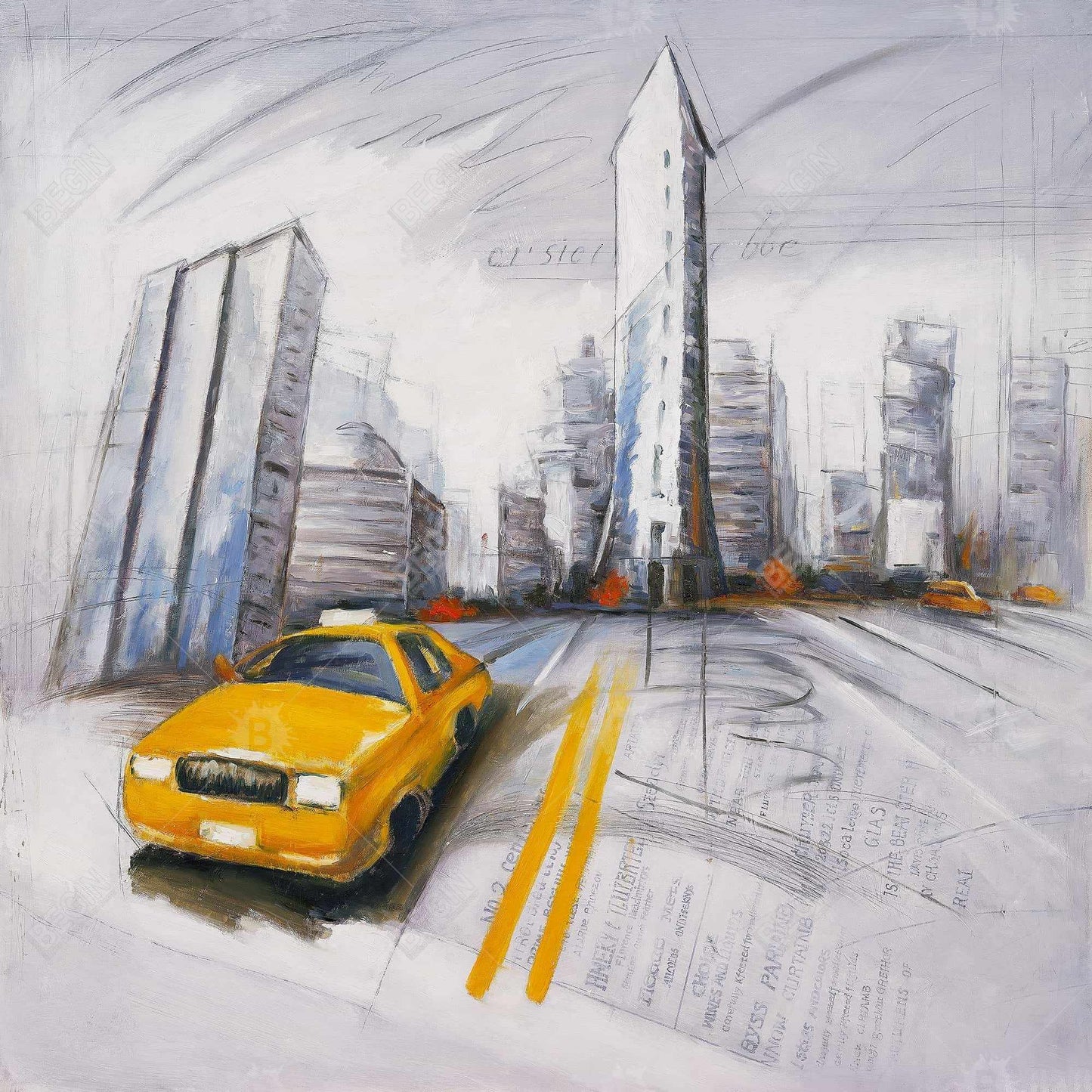 Yellow Taxi & City Sketch - Blue Canvas for Bedroom Decor