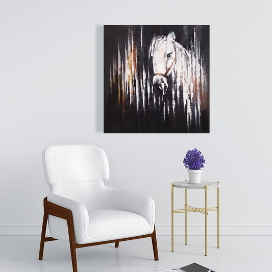 White Horse in the Dark Canvas | Rustic Bedroom Wall Decor