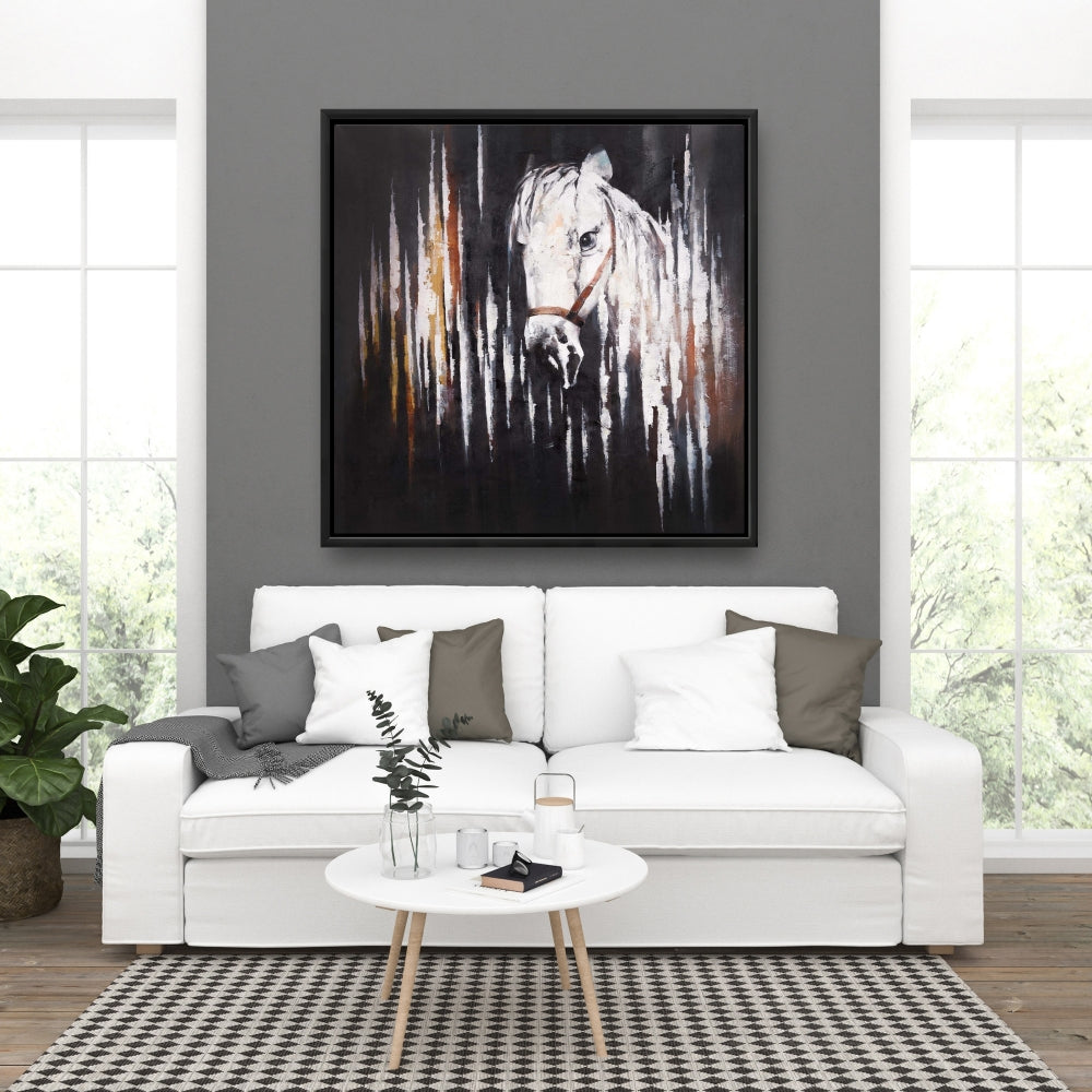 Cheval blanc sur toile sombre – Décoration animalière rustique pour chambre à coucher