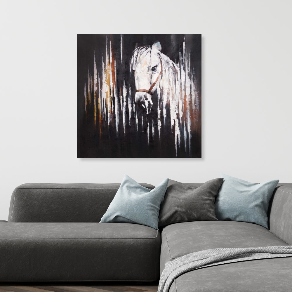 White Horse in the Dark Canvas | Rustic Bedroom Wall Decor
