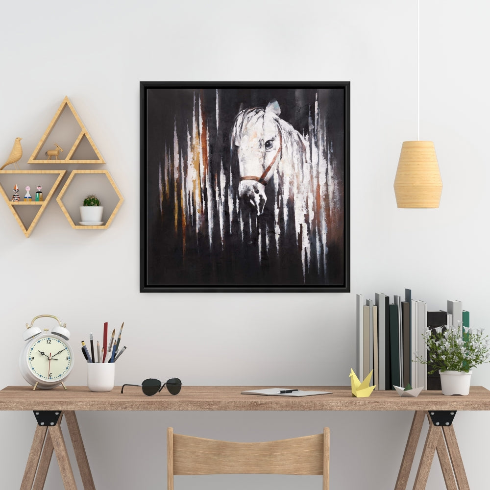 Cheval blanc sur toile sombre – Décoration animalière rustique pour chambre à coucher