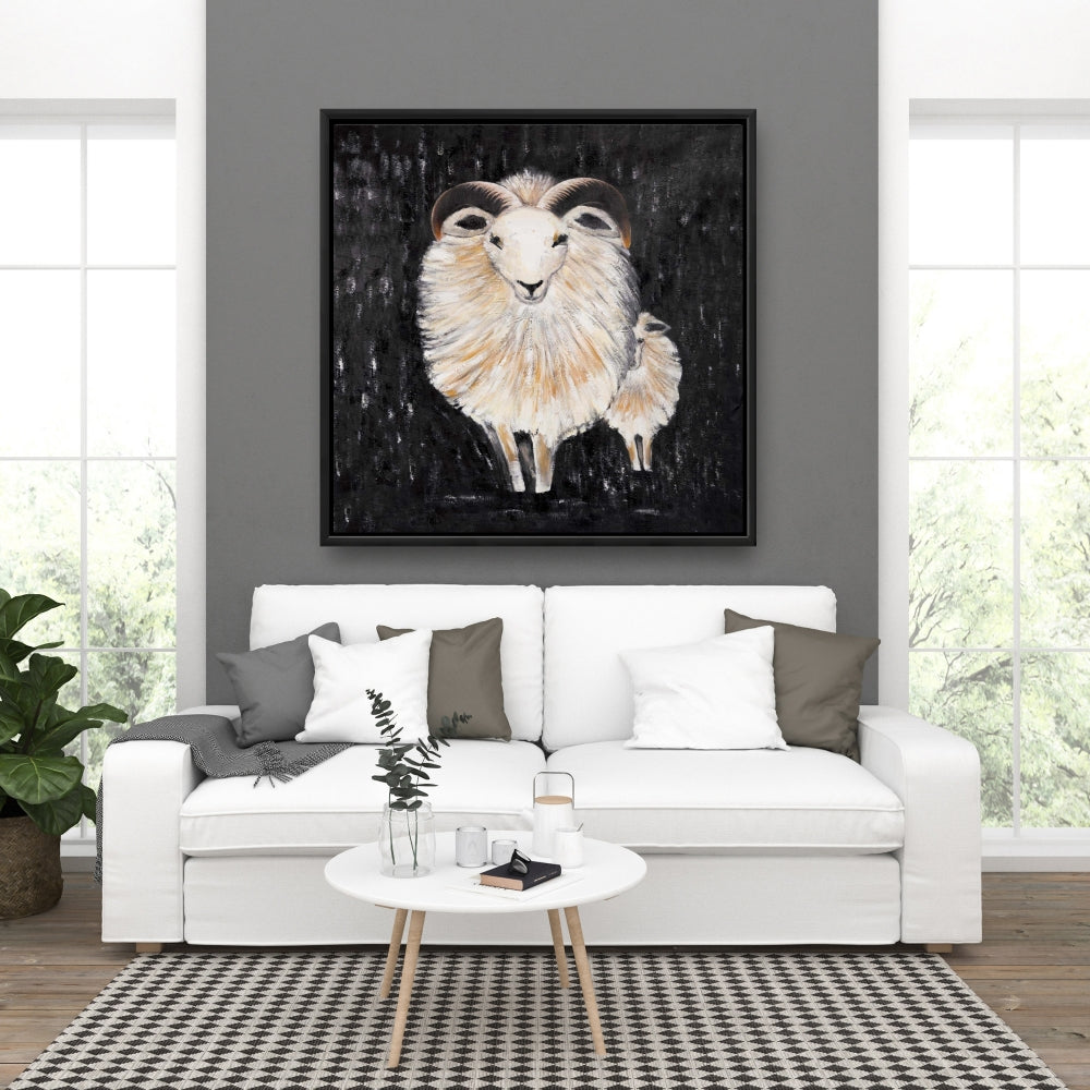 Toile encadrée Animaux de chambre marron – Décor de deux béliers touffus