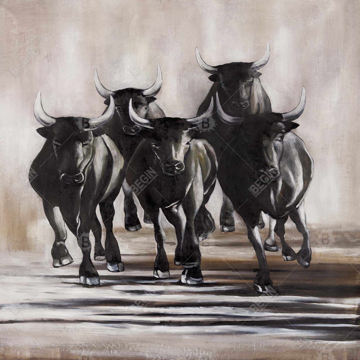 Groupe de taureaux en course – Décoration sur toile encadrée d'animaux bruns