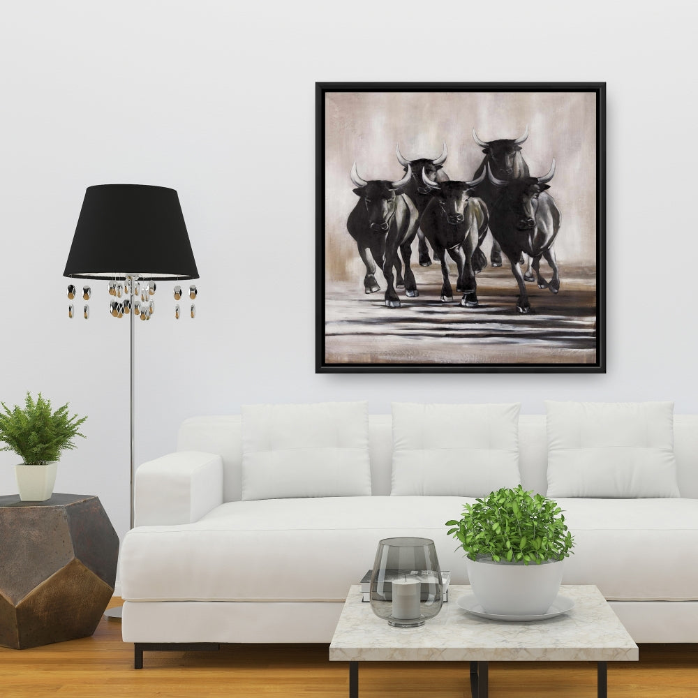 Groupe de taureaux en course – Décoration sur toile encadrée d'animaux bruns