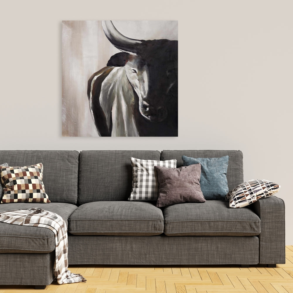 Bull Head Front View | Rustic Brown Canvas | Home Decor