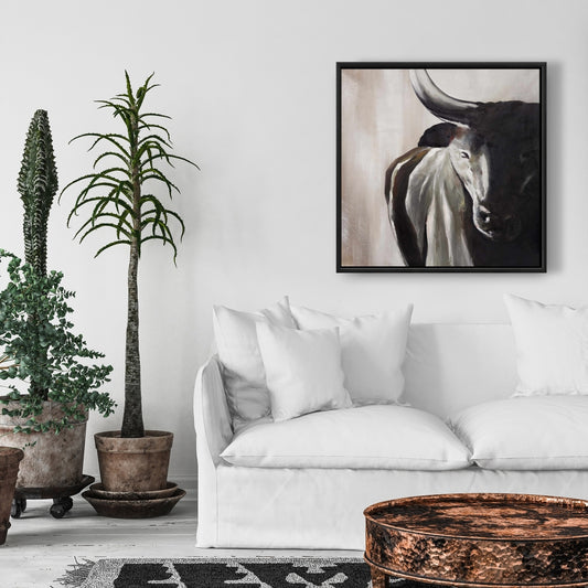 Bull Head Front View | Rustic Brown Framed Canvas Wall Art