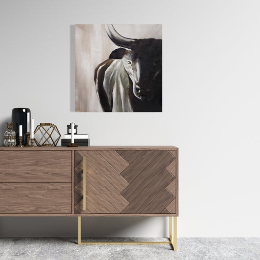 Bull Head Front View | Rustic Brown Canvas | Home Decor