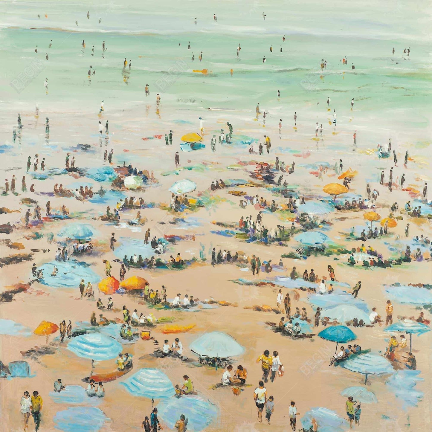 Toile encadrée contemporaine sur le thème de la mer côtière - Personnes à la plage
