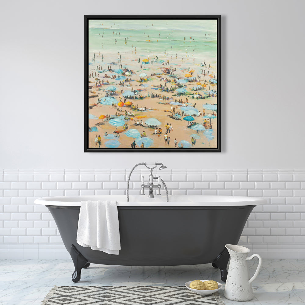 Toile encadrée contemporaine sur le thème de la mer côtière - Personnes à la plage