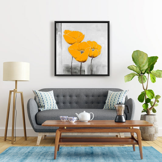 Toile encadrée botanique grise – Décor trois fleurs jaunes