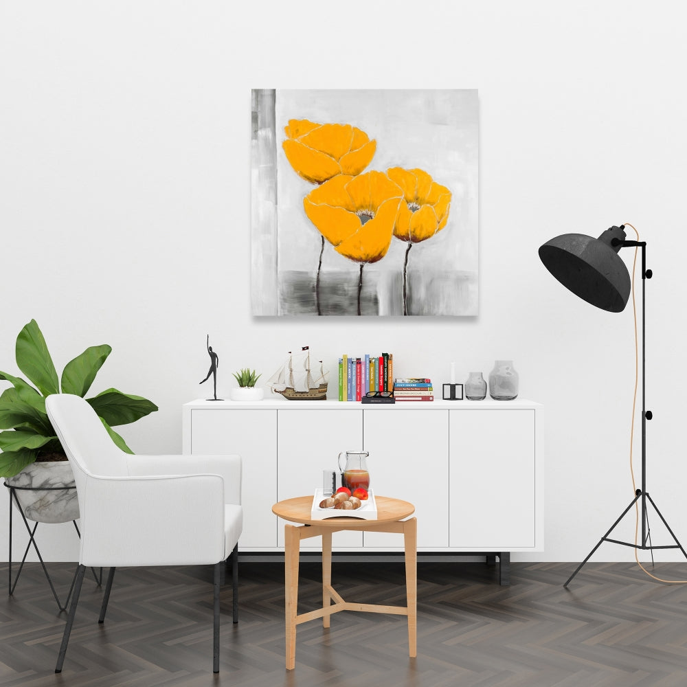 Gray Botanical Canvas - Three Yellow Flowers Home Decor