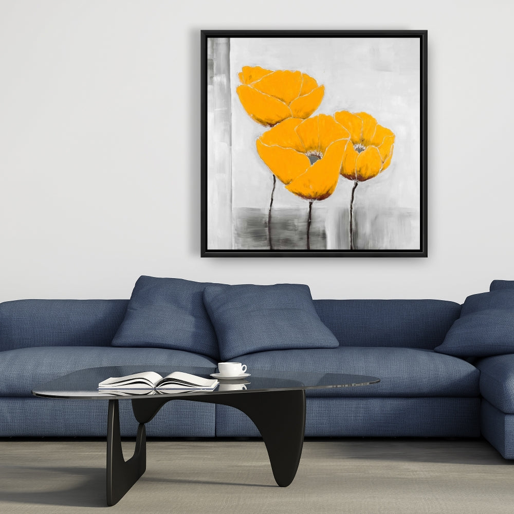 Gray Botanical Framed Canvas - Three Yellow Flowers Decor