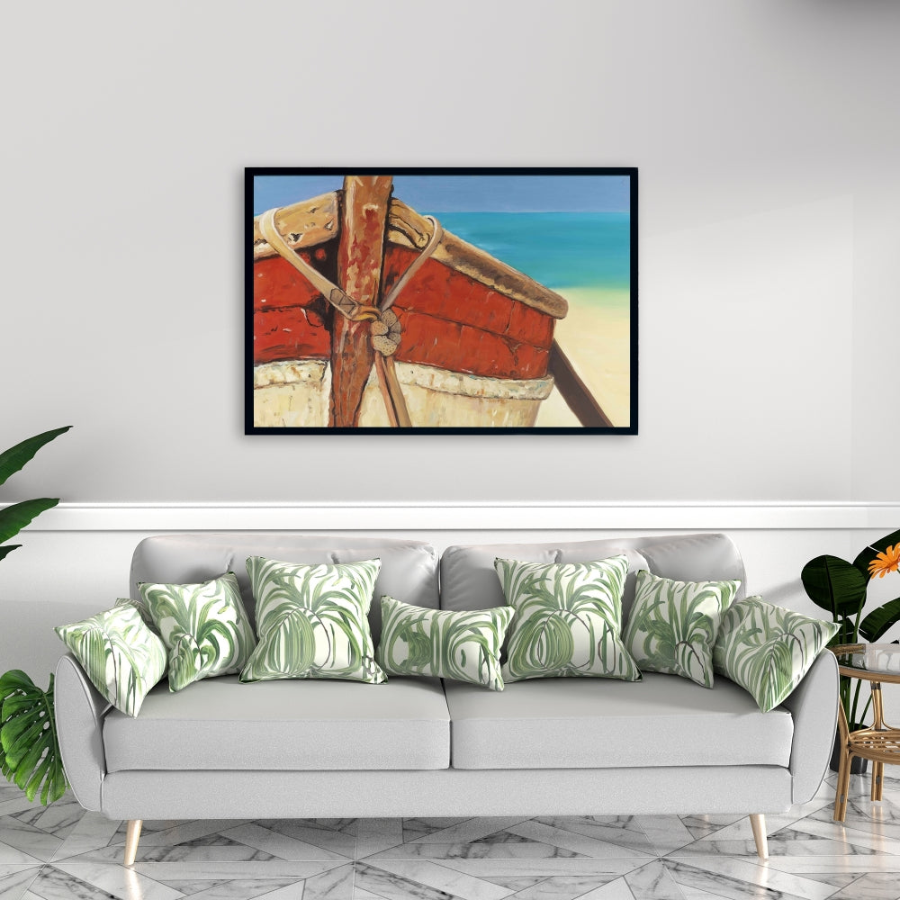 Tied Up Rowing Boat Canvas - Marine Bedroom Blue Framed Art