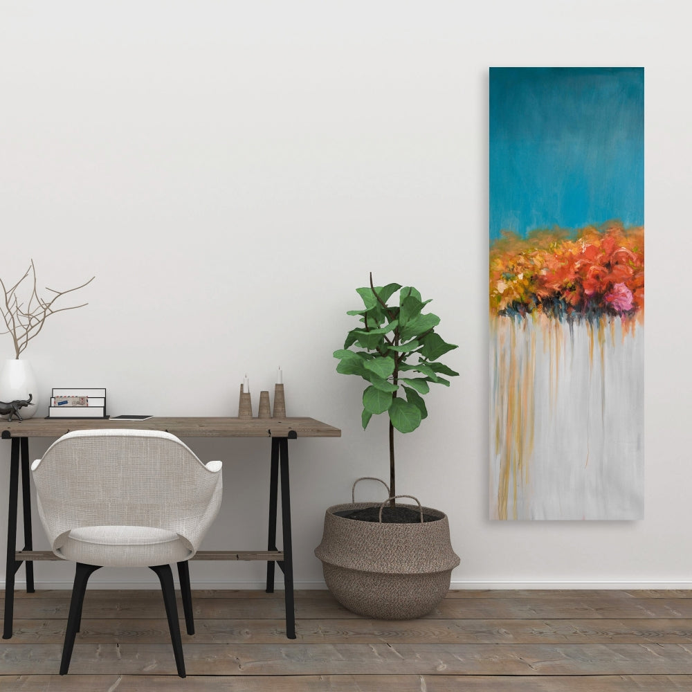 Orange Flowers Canvas - Blue Bathroom Home Decor Art