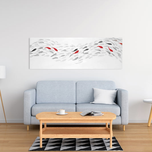 Toile représentant des poissons nageurs et des vagues - Décoration de chambre aquatique grise