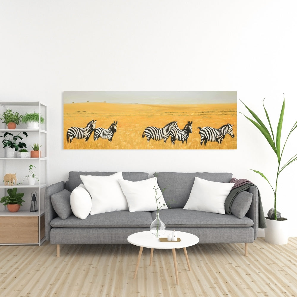 Herd of Zebra Canvas - Wildlife Yellow Bedroom Wall Art Decor