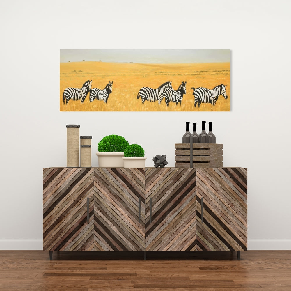 Herd of Zebra Canvas - Wildlife Yellow Bedroom Wall Art Decor