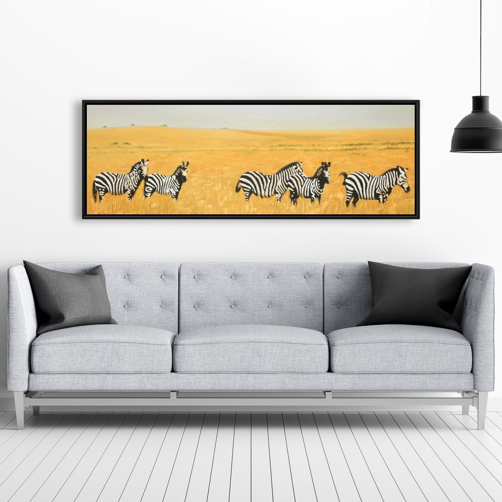 "Herd of Zebra Canvas | Yellow Animal Wall Art for Bedroom"