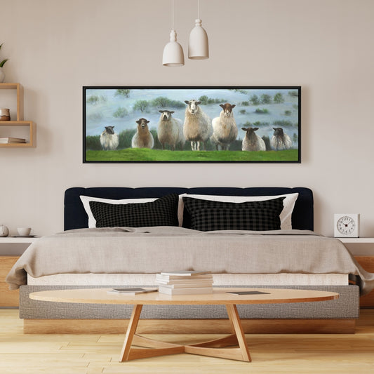 Rustic White Framed Canvas - Flock of Sheep Home Decor