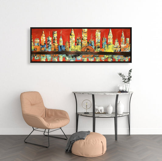 Red Abstract Skyline - Yellow Framed Canvas for Home Decor