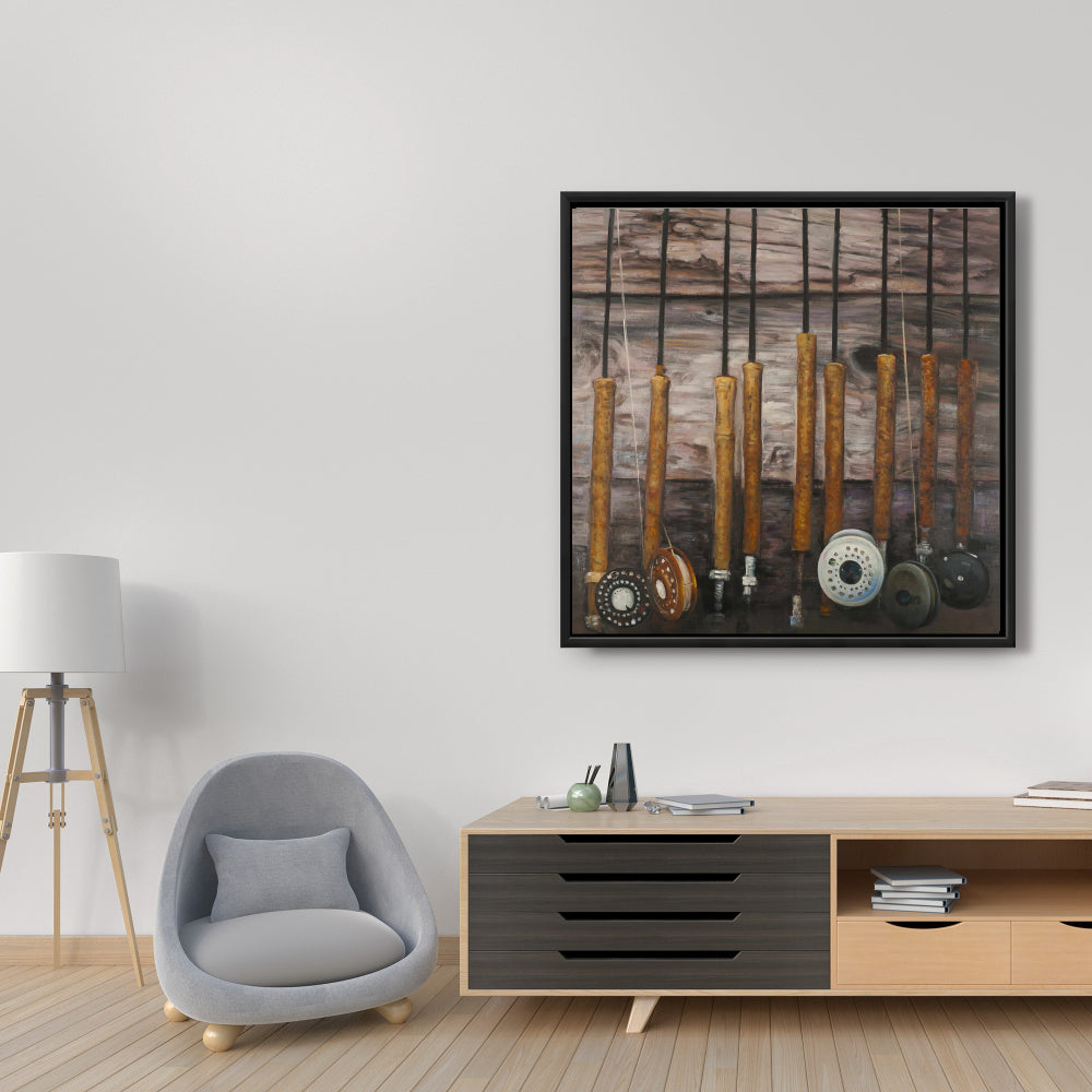 Fishing Rods on Wood Canvas | Rustic Framed Home Decor