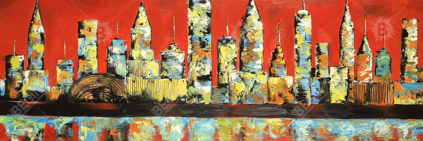 Vue de la ville rouge sur toile encadrée jaune - Décoration d'intérieur moderne