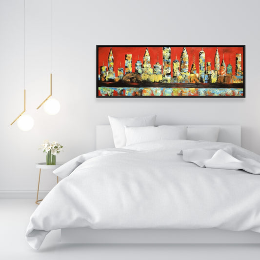 Vue de la ville rouge sur toile encadrée jaune - Décoration d'intérieur moderne