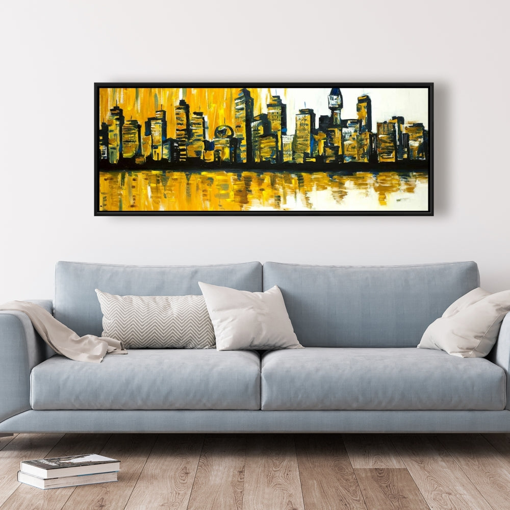 Toile contemporaine « Ville Jaune » pour chambre à coucher | Décoration d'intérieur encadrée