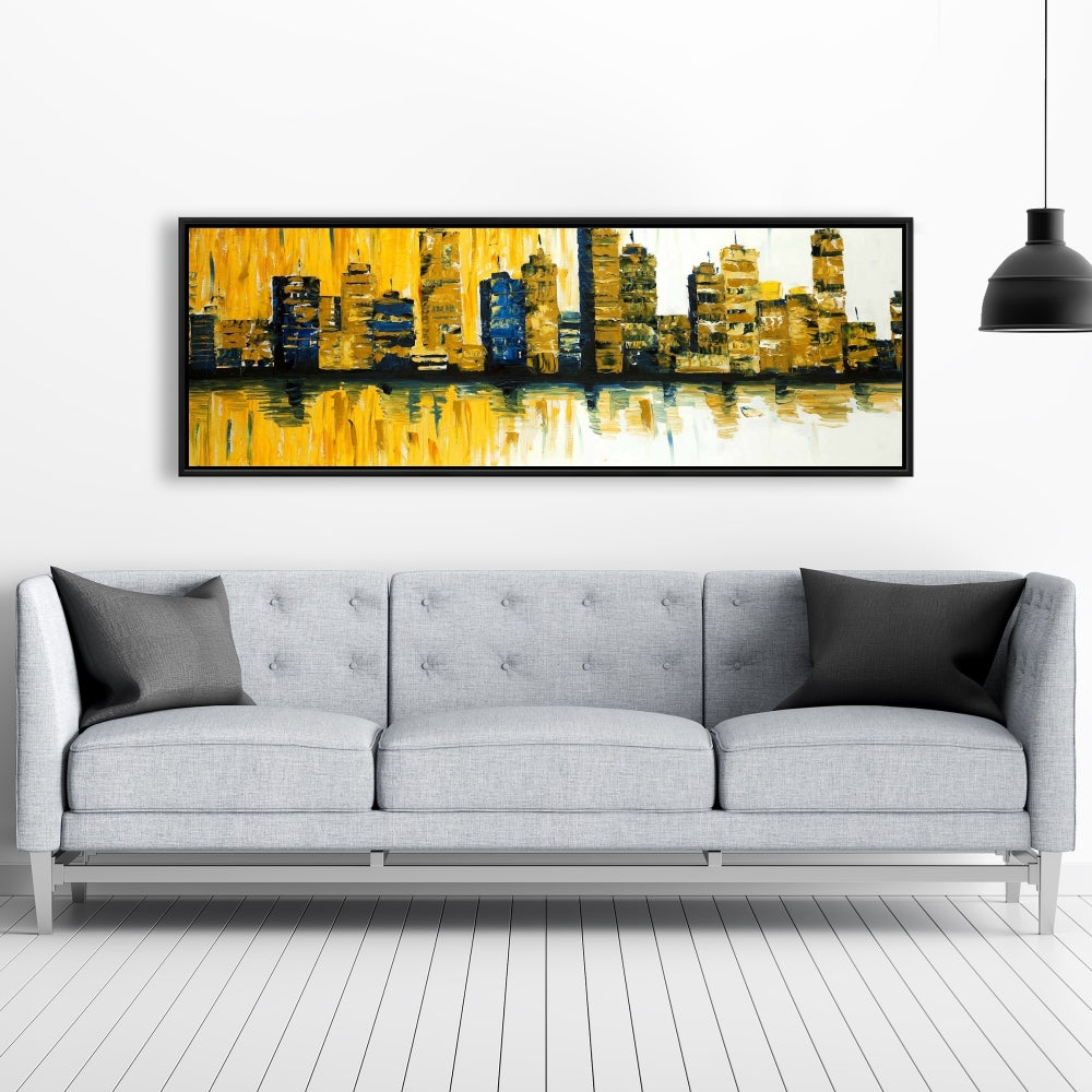 Toile abstraite jaune avec gratte-ciels - Cadre bleu | Décoration moderne