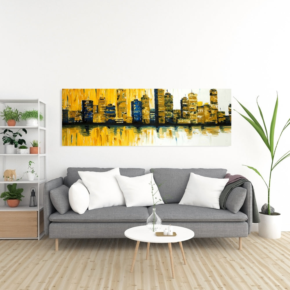 Toile abstraite de gratte-ciel jaunes - Décoration murale de chambre bleue