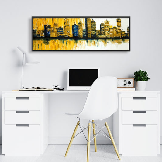 Toile abstraite jaune avec gratte-ciels - Cadre bleu | Décoration moderne