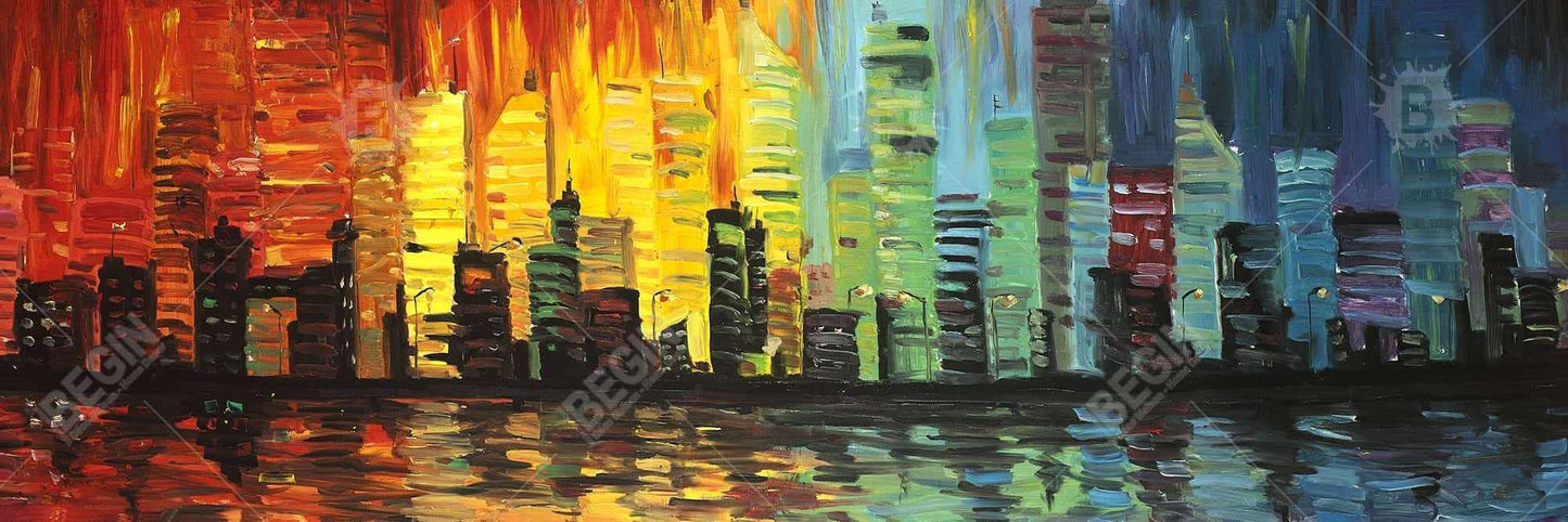 Toile encadrée « Ville aux tons colorés » – Décoration murale
