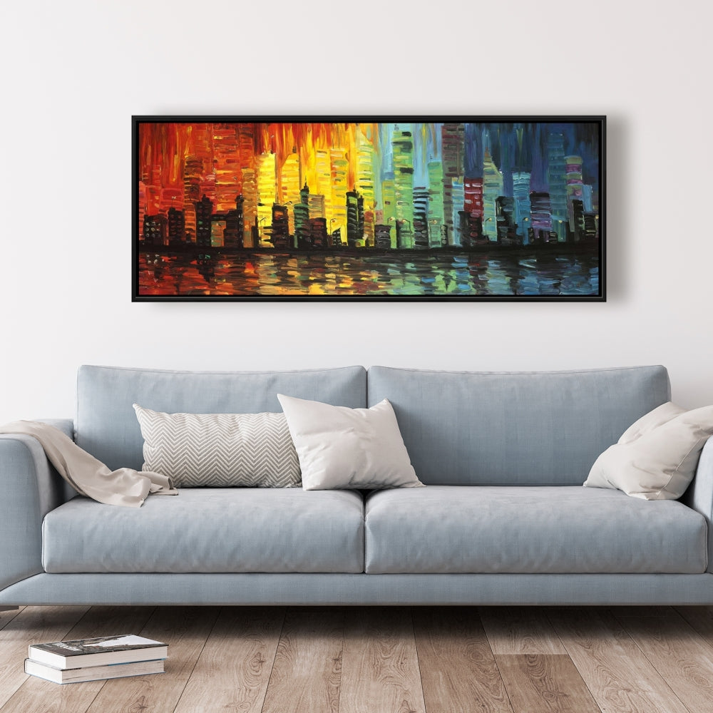 Toile encadrée « Ville aux tons colorés » – Décoration murale