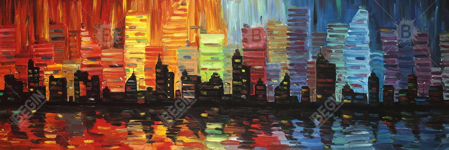 Décoration sur toile encadrée représentant un paysage urbain coloré et des bâtiments